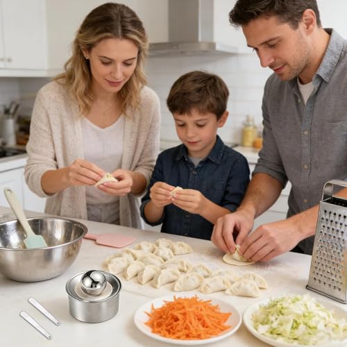 Dumpling Maker, Dumpling Wrapper Maker Set mit Dumpling Skin Presser aus Edelstahl Rundform Presswerkzeug & Ravioli Werkzeug für Teigverarbeitung Backen Zuhause, Perfekt für Ravioli, Wontons, Pelmeni,
