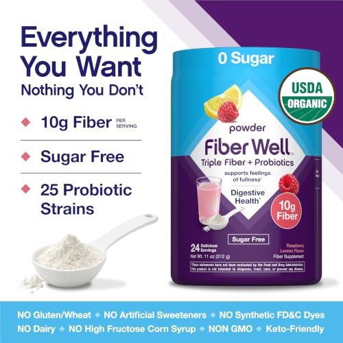 FiberWell Organic Fiber Powder Supplement | 10g | 11 oz | GLP-1 Friendly | Sugar Free | with Probiotics | for Digestive & Gut Health | Yummy Raspberry Lemon Flavor | Gluten and Dairy Free Formula - image 7
