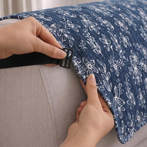 Image of STITCHNEST 'Opulence Series' Floral Woven Sofa Cover for 1 Seater | Premium Soft Fabric Sofa Protector | Blue Floral Pattern with Armrest Pockets | Durable Living Room Furniture Cover