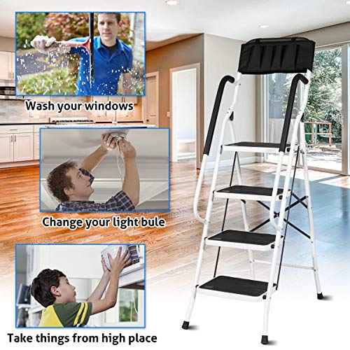 4 Steps Ladder Folding Step Stool Ladder Tool Ladder with Steel with Wide Pedal and Handgrip Non-Slip Sturdy for Household and Office Stepladder with Attachable ToolBag ( MAX 500lbs)