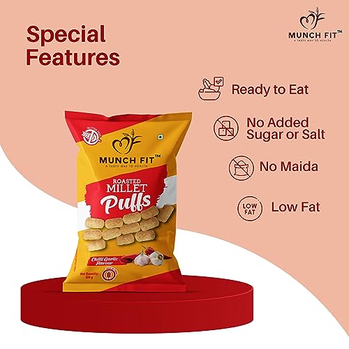 Image of Munch Fit Healthy Roasted Combo of 6 Varieties of Millet Snacks | Magic Masala, Tangy Tomato, Peri Peri, Cream Onion, Chilli Garlic & Pani Puri | Tasty, Low GI, Protein Rich Pack of 1x100g each