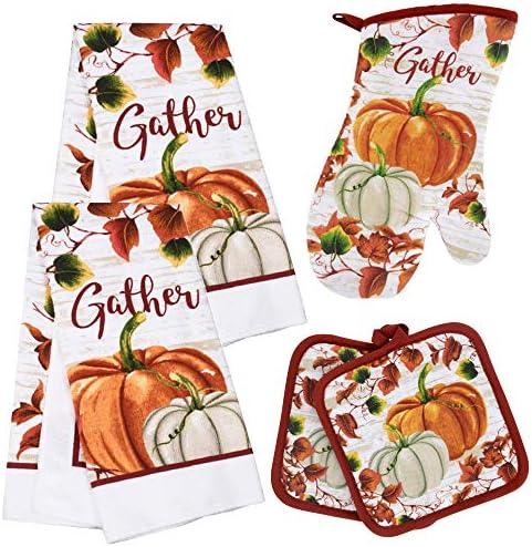 Autumn Sentiment Kitchen Towel Set with 2 Quilted Pot Holders, 2 Dish Towels and 1 Oven Mitt