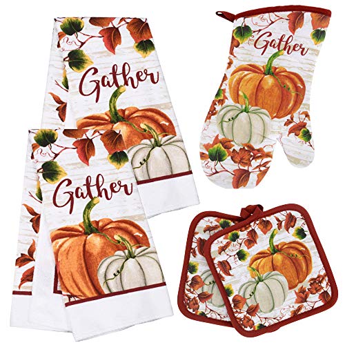 Autumn Sentiment Kitchen Towel Set With 2 Quilted Pot Holders, 2 Dish Towels And 1 Oven Mitt #TOP1