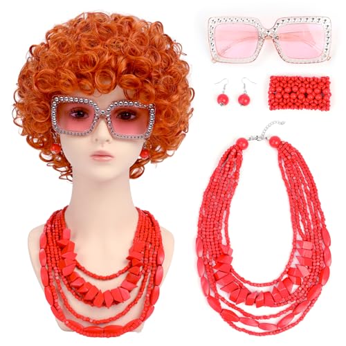 Image of Women Roper Curly Orange Red Cosplay Wig with Necklace Earrings and Sunglasses for Women Hallween Costume Wig