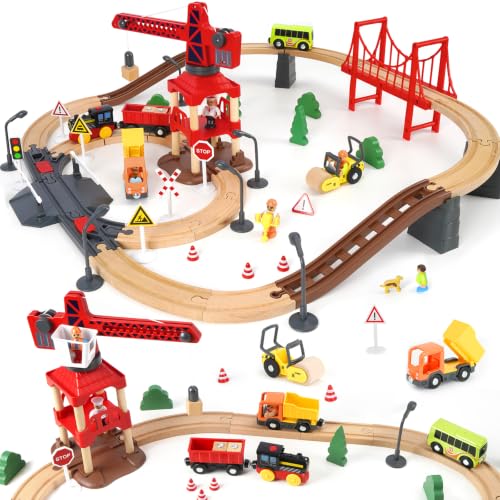 86-teiliges Holz-Eisenbahnset mit Kran, Holz Eisenbahnset kompatibel mit Thomas Brio Sets, Weihnachtsbahn Spielzeug für Kinder von 3-5 Jahren und Kleinkinder