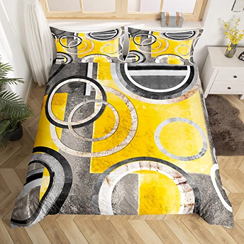 Homemissing Jaune Gris Noir Parure de Lit 140x200cm Modern Blocks Jaune Et Gris Housse de Couette Retro Cercle Géométrie Sets de Housse de Couette...