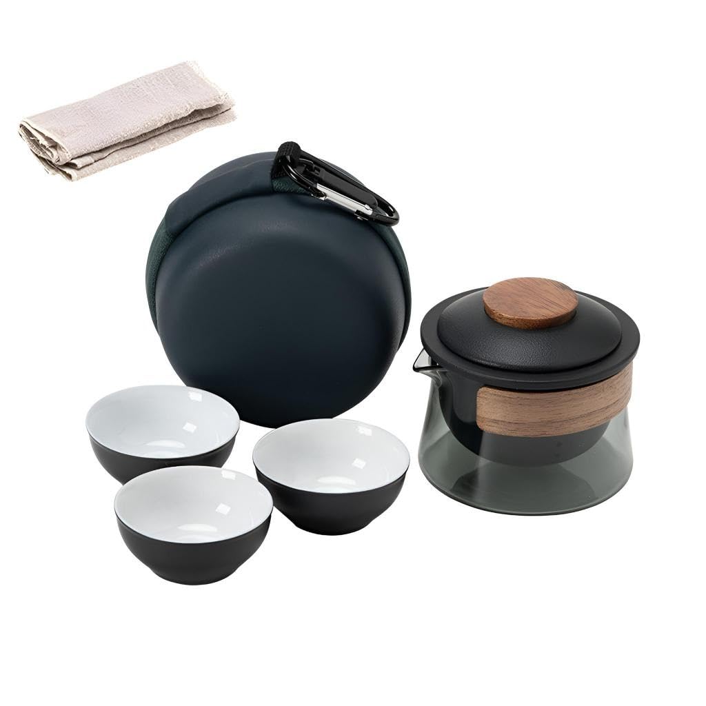 Gaiwan Mit 3 Teetasse, Mini Tragbare Reise Tee Set Mit Reisetasche,chinesische Kung-Fu-Teekanne, Teekanne Glas Mit Walnuss Hölzerne Zwinge, Teekanne Mit 3 Teetassen Und Teetuch - Schwarz