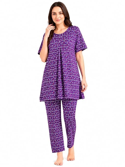 Image of KIAWAH Women Printed Night Suit Set, Cotton Blend Night Suit, A-Line Top and Pajama Set, Soft and Breathable Night Wear