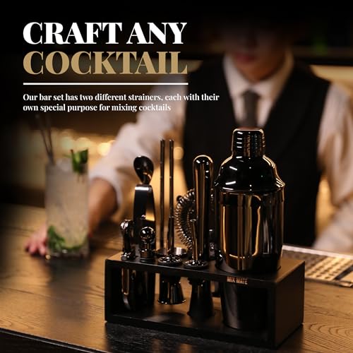 Image of Black Stainless Steel Cocktail Shaker Set with Wood Stand - 15 Piece Bartender Kit with Drink Shaker, Bar Spoon, Jigger, Muddler, Strainer, Bottle Opener, Stopper, Pour Spout, Stirrers, Tongs, Recipes