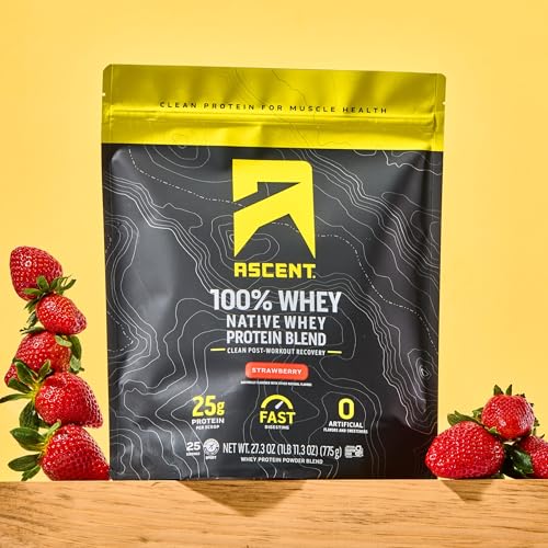 Image of Ascent 100% Whey Protein Powder - Post Workout Whey Protein Isolate, Zero Artificial Flavors & Sweeteners, Gluten Free, 5.5g BCAA, 2.6g Leucine, Essential Amino Acids, Strawberry 1.7 lb