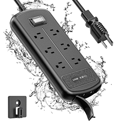 Outdoor Power Strip Weatherproof with 3 USB Ports, 16AWG/6 FT Waterproof Extension Cord, IPX6 1500J Wall Mount Surge Protector with 6 Wide Spaced Outlets, 1875W Overload Protection