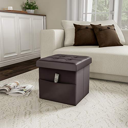 Lavish Home Foldable Storage Cube Ottoman With Pocket – Tufted Faux Leather Footrest Organizer For Bedroom, Living Room, Dorm Or Rv, Chocolate Brown #TOP5