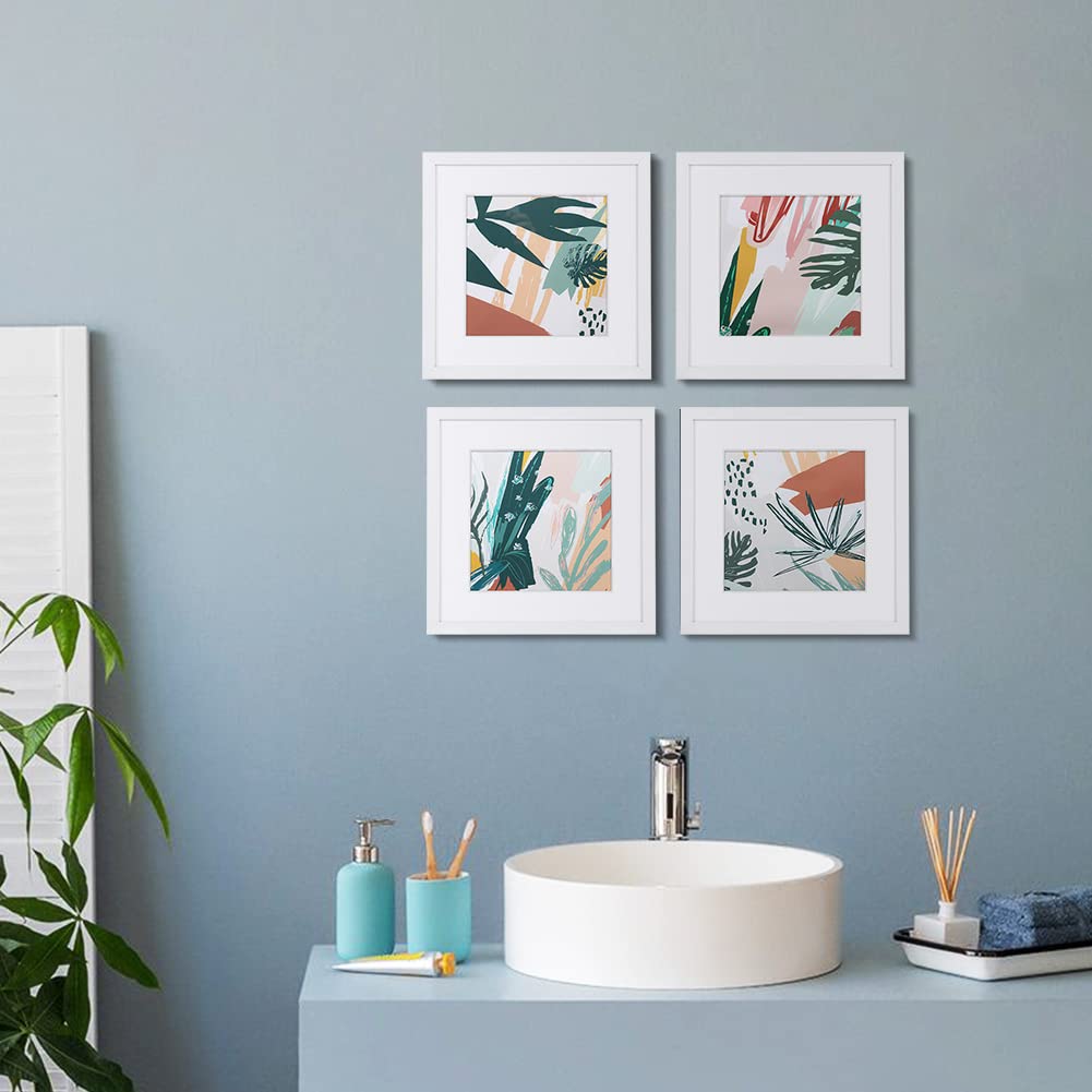 ArtbyHannah 10x10 Inch Framed Tropical Wall Art Decor with White Frames and Abstract Plants Wall Kit for Home Decoration, Set of 4