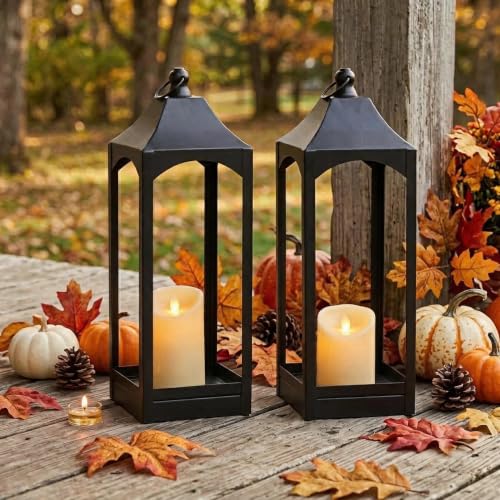 Fall Decor - 2-Pack 16.41" Black Metal Vintage Candle Lanterns with LED Flameless Candles – Decorative Indoor/Outdoor Fall Decorations for Home, Halloween Decor for Porch Mantel Table（NO Glass）