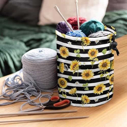 Image of Sellikakes Sunflower Stripe Yarn Bag Crochet Storage Organizer, Knitting Storage Bag Crocheting Bag Yarn Holder for Crochet Projects Skein Balls Knitting Short Needles Sewing Accessories