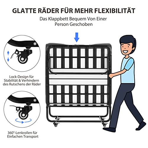 DICTAC Klappbett 90x200cm Erwachsene mit ca.13CM Matratze aus Gedächtnisschaum Gästebett Klappbar Metallrahmen Klappbetten mit Rollen Reisebett Faltbares Metallbett Stabil bis 200 kg belastbar