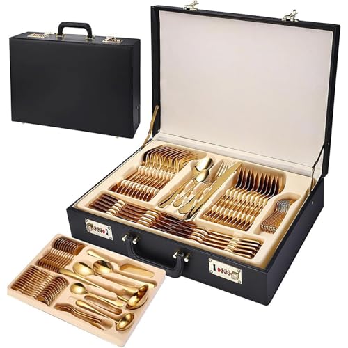 Juego de cubiertos de oro y plata de 72/84 piezas,juego de cubiertos de acero inoxidable,juego de cubiertos y cucharas con acabado pulido espejo, kit de cuchillo,tenedor y cuchara con maletín de cuero
