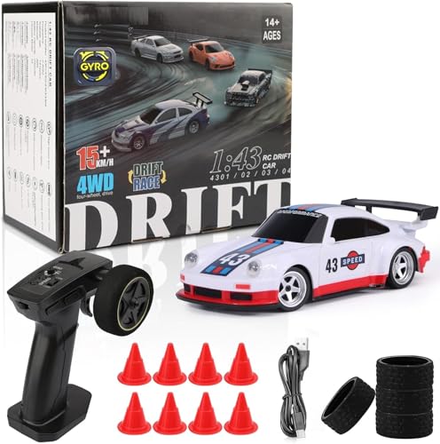 Image of Bestie toys Mini RC Drift Car with Gyro, 1 /43 Scale Remote Control Car High Speed Racing Micro Small with Full Proportional RTR 2.4GHz Remote 2 Tire Sets 8 Cones (Porshe 911 White)