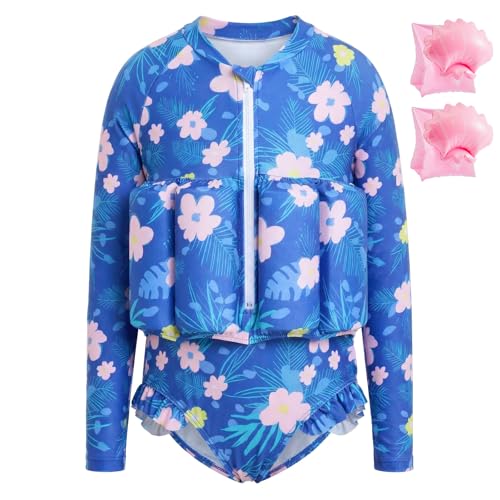Summshall Toddler Swimsuit with Floatation Baby Girls Long Sleeve Floating Bathing Suit Swim Suit for Summer Beach Blue Pink