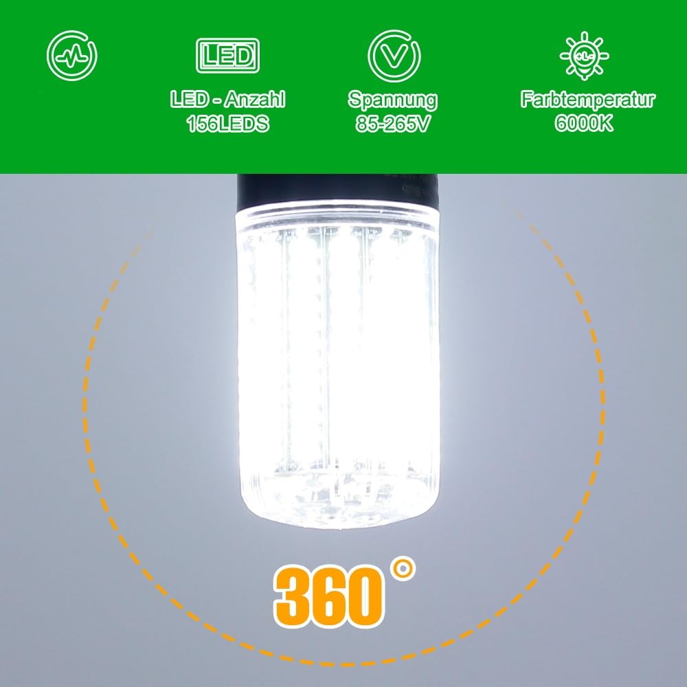 WENNI 6er Set 156LEDs Glühbirne 6000K Tageslichtweiß 12W E27/E26 Mais Lampe | E27 Maisleuchte 220V Energiesparende LED Lampe 110V Haushalt Garage Werkstatt private Innenbeleuchtung 2 Jahre Garantie