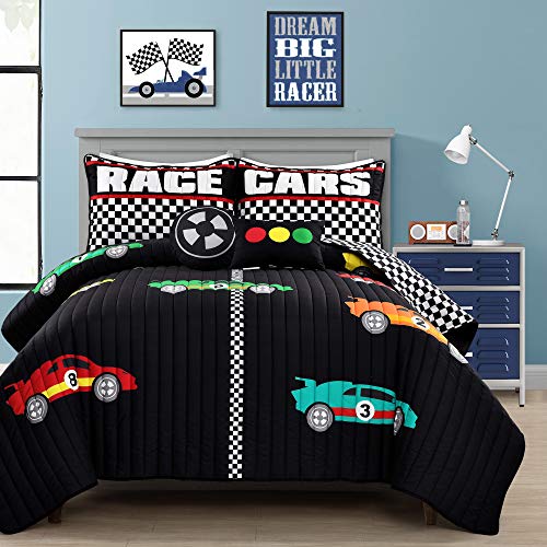 Image of Lush Decor Racing Cars Reversible Quilt Queen Size 5 Piece Set Full/Queen Black & Multi - Kids Bedding Set Queen Quilt - Car Decor