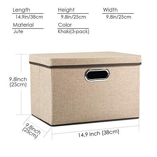 Image of PRANDOM Collapsible Storage Cubes with Lids [3-Pack] Jute Fabric Foldable Storage Boxes Organizer Containers Baskets Bins with Cover for Home Bedroom Closet Office Nursery (14.9x9.8x9.8)