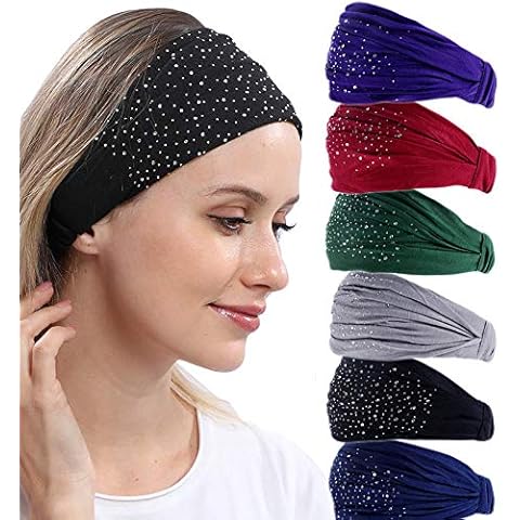 DINPREY Rhinestone Bandeau Headbands (6 Count) - Stretchy Cotton Spandex Fabric, Floral Design, Hairwraps for Women's Yoga, Bridal, Festivals, Workout, Makeup, Everyday Wear Cover