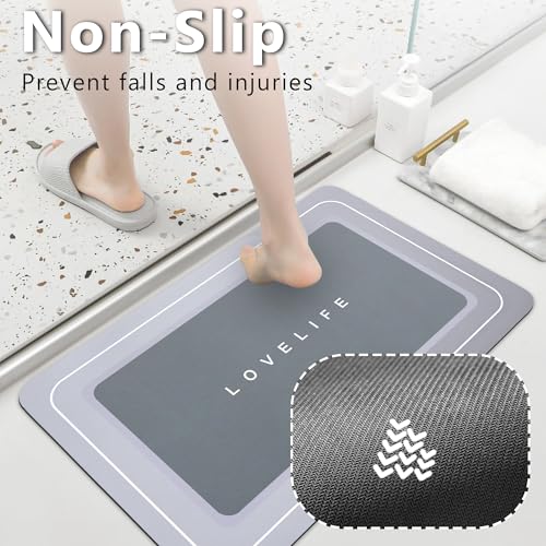 Bath mat Rubber Bathroom Mat-Quick Dry Absorbent Rug Non-Slip Thin Bathroom Rug Instant Dry Magic Bath mats for Bathroom Floor Mat in Front of Bathtub, Sink, Grey,17x27in