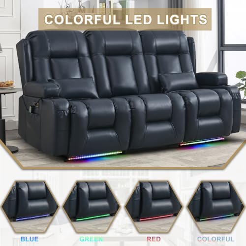 Image of URRED Power Loveseat Recliner Sofa with Massage and Heat, Wall Hugger Reclining Loveseat with Console, RV Couch Home Theater Seating with LED Lights for Living Room (Dark Blue, 76.8 inch - 3 Seats)