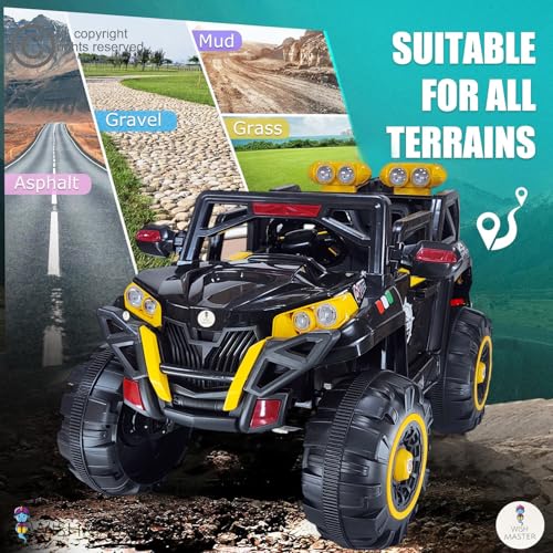 Image of Driving EV Cars for 1, 2, 3, 4, 5, 6 Years | Remote + Steering + Mobile App Control | Kids Jeeps (Jumbo Size KAB2188 [1-8 Year Kids], Black /Yellow)