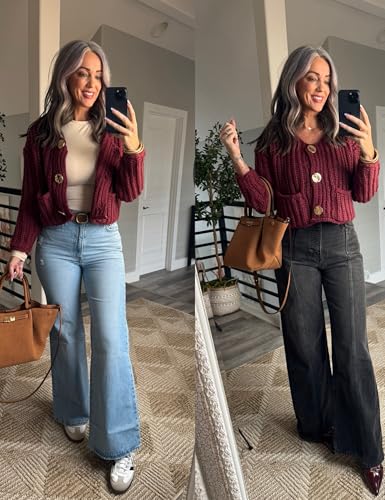 Image of Zhiyouni Women's Cropped Cardigan Sweater Long Sleeves Button Down Chunky Knitted Coat(WineRed-L)