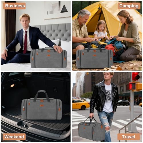 Image of Canvas Mens Duffle Bag for Travel - Expandable 50L Weekender Bags with Toiletry Bag, Overnight Bag Travel Duffel Carry On Luggage with Removable Shoulder Strap, Durable & Water-Resistant