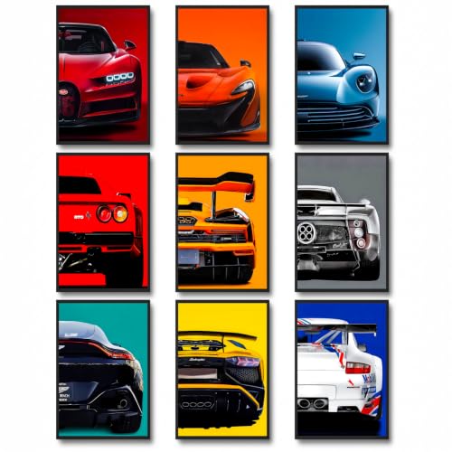 dazongweihan 9 x Super-Auto-Poster für Jungenzimmer, Rennwagen-Wandkunst für Männer, Jungs, Sportwagen-Wanddekoration, Rennwagen, Bilder, Wanddekoration für Schlafzimmer, Schlafsaal, Männerhöhle