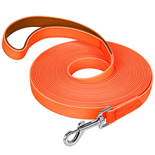 IOKHEIRA Trainingsleine für Hunde, wasserdichte Hundeleine mit Gepolstertem Griff 5m/10m/15m/20m, PVC-Hundeleine mit Starkem Rückruf für Hunde, Tracking & Camping (5M, Orange)