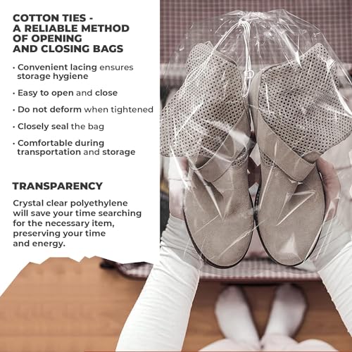 Clear Drawstring Travel Bag for Shoes. Waterproof Dust Bags for Shoes with Double Cotton Drawstrings. 2 mil PE Plastic Drawstring Bags for Packing, Storage4