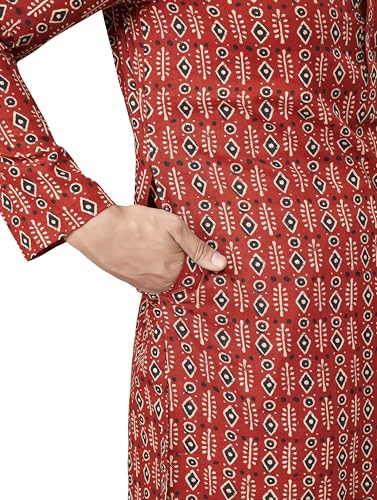 Image of Studio Shringaar Men 100% Cotton Relaxed Fit Block Printed Knee Length Kurta (187)