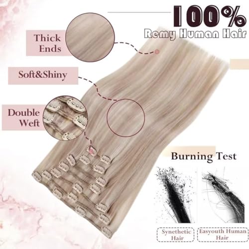Easyouth Clip in Extensions Real Human Hair Highlight Blonde Remy Hair Extensions Clip ins Ash Blonde Mixed Bleach Blonde Clip-in Human Hair Extension Easy to Style 16 Inch 120g 7Pcs P18/613 - Image 4