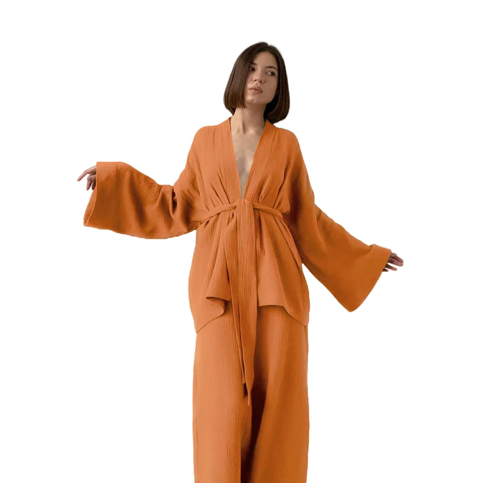 Pigiama in Cotone crêpe Pantaloni A Maniche Lunghe da Donna Completo Servizio Domicilio Mujer-Marrone Chiaro-s