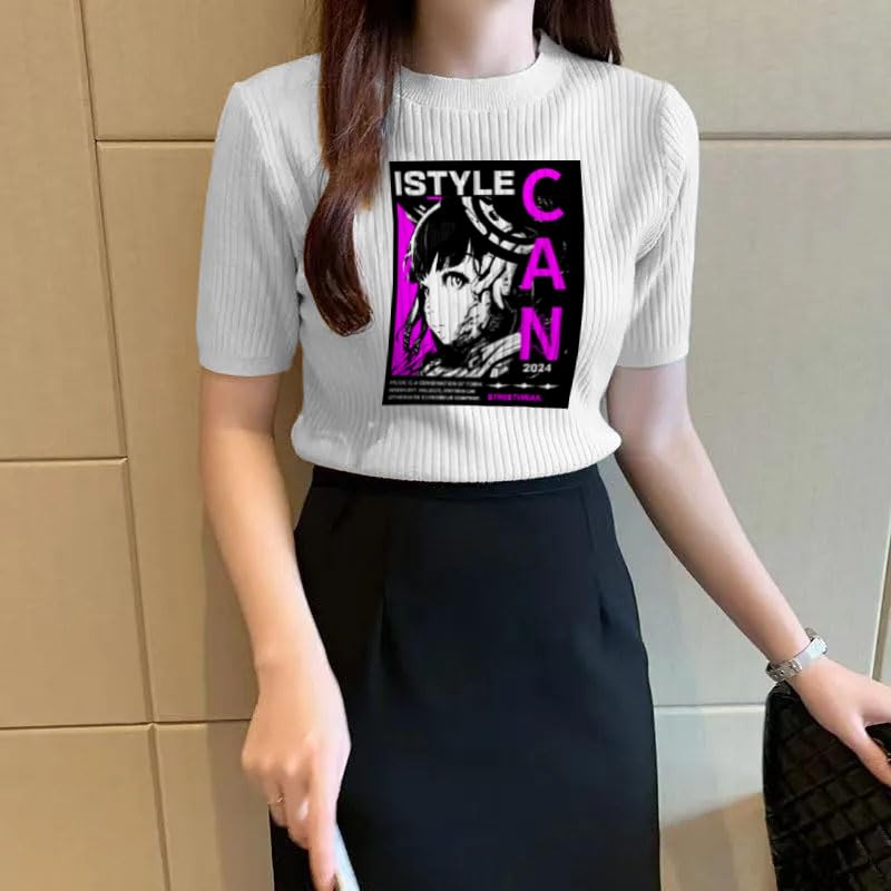 Image of Istyle Can Plain Round Neck Rib Knit Regular Top for Women (Large, White (Istyle))
