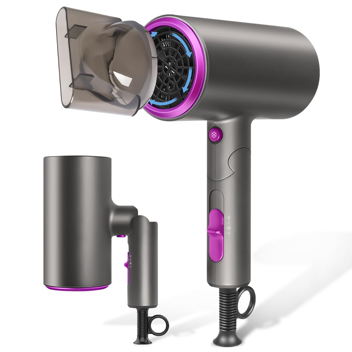 ドライヤー【2026年進化モデル】大風量 速乾 超軽量 折り畳み式 携帯ドライヤー マイナスイオン 3段階風量 小型 ノズル付き 過熱防止機能あり 家庭用/サロン用/旅行用 PSE認証済み (Dark Gray)