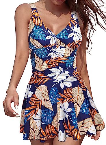 SHEKINI Traje de baño de una pieza con cuello en V y control de abdomen fruncido para mujer, Estampado de hojas de arce, Small