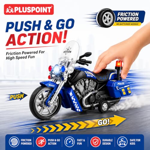Image of PLUSPOINT Police Rescue Bike Toy for Kids | Friction Powered Push & Go Police Motorcycle with Lights & Music | Emergency Vehicle Simulation Toy for Boys & Girls Age 3-6 Years