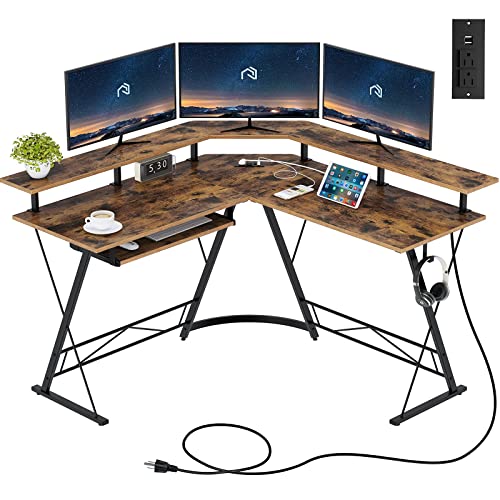Rolanstar Computer Desk L Shaped With Power Outlet, 54” Reversible L Shaped Computer Desk With Monitor Stand And Keyboard Tray, Home Office Desk With Usb Port & Hook, Rustic Brown #TOP7