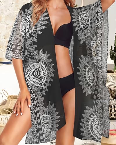 Image of Women's Kimono Swimsuit Coverups Summer Beach Loose Cardigans for Swimwear | CHICGAL Casual Open Front Chiffon Cover Up, 3 /4 Sleeve Lightweight Vacations Outfits 2026, Long Summer Resort Wear