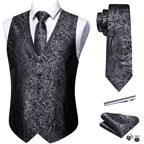 Image of Barry.Wang Mens Suit Vest Paisley /Flower Silk Jacquard Waistcoat Ties Set Formal /Leisure 5PCS