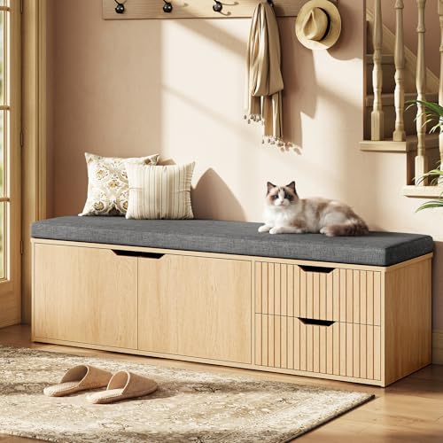 59 Storage Bench with Drawer 2-Tier Shoe Bench with Doors Long Entryway Bench Thickened Cushion Adjustable Shelf Fluted Design for Entryway Bedroom Living Room Natural