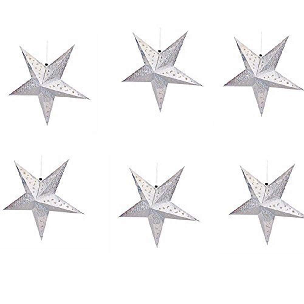 Dadaaa Silver Paper Hanging Star Lantern,3D Paper Star Pentagram Lampshade For Christmas Xmas Wedding Party Home Hanging Decorations,6Pcs (, 30Cm)