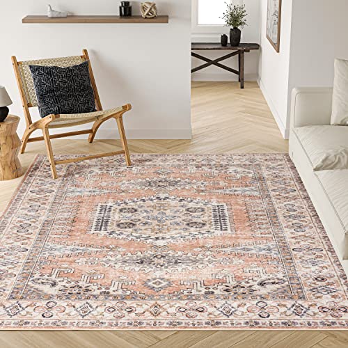 Valenrug Washable Area Rug 6X9 - Ultra-Thin Antique Collection, Stain Resistant Rugs For Living Room Bedroom, Distressed Persian Boho Rug(Peach/Yellowish, 6'X9') #TOP10