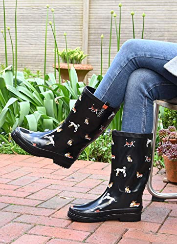Regenliebe Damen Gummistiefel Waldi High Langschaft Regenstiefel Hunde Motiv, Farbe:schwarz, Größe:42 EU
