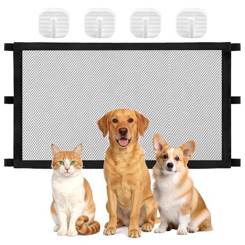 Pet Magic Gate Baby Safety Guard Magic Retractable Puppy Gates No Drilling Folding Mesh Small Dog Fence Enclosure Net Cat Stopper Convenient Stair Gate for Pets Kids Stairways Indoor Outdoor 110x72cm